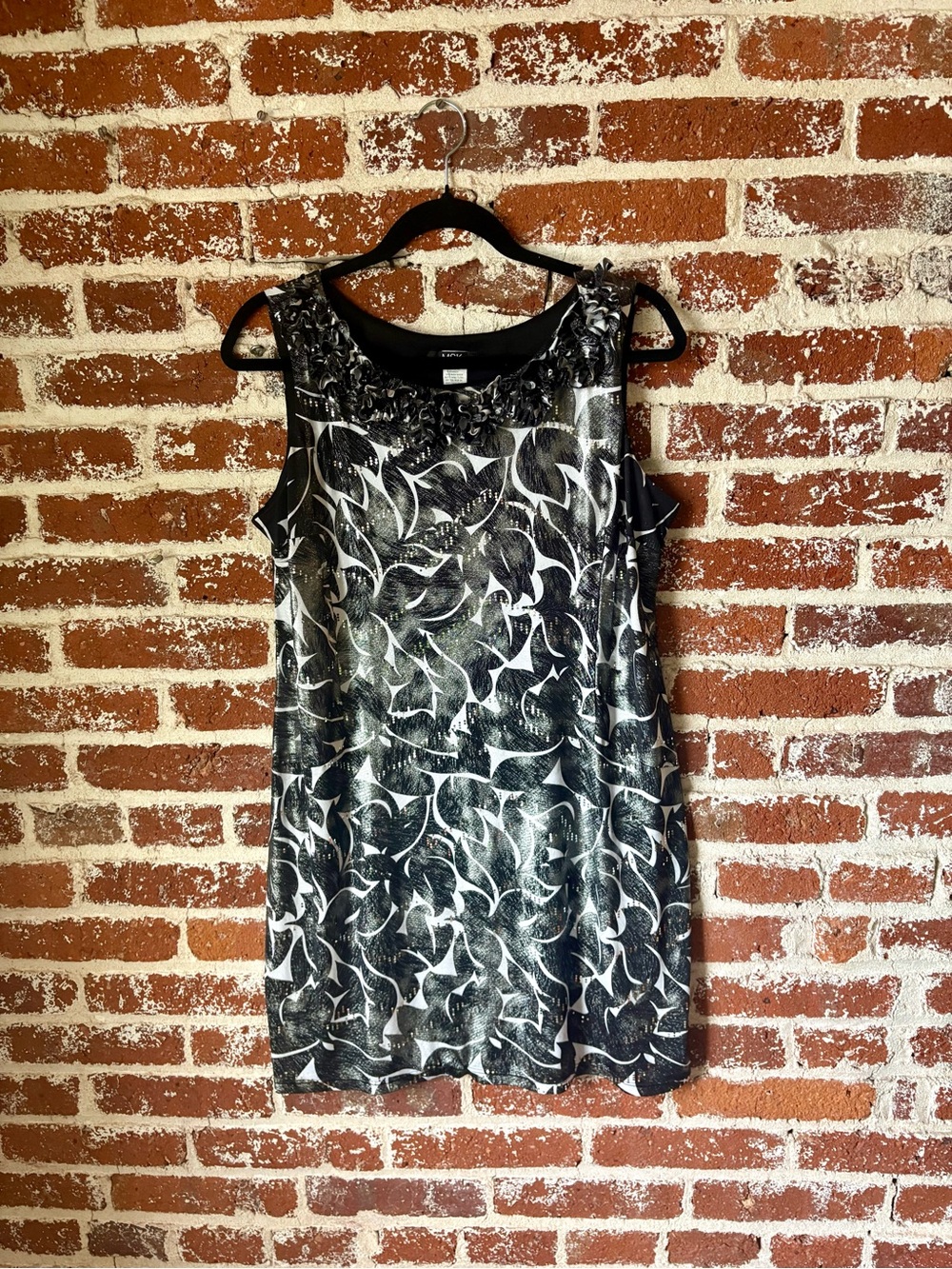 Y2K MSK Black & White Floral Mini Dress with Ruffled Neck and Sparkles